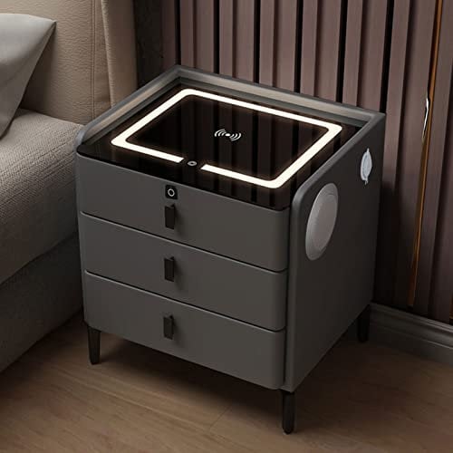 Smart Bedside Table with USB, Three-color Light, Wireless Charging & Fingerprint Lock - Bluetooth Speaker Side Table for Bedroom & Living Room, Dark Grey