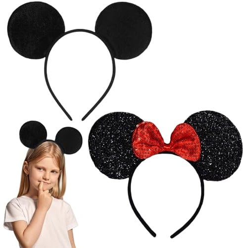 Mouse Ears, Mouse Ears Headband, 2 Pcs Shiny Bow Headband Birthday Party Decoration Cartoon Club Christmas Party Cosplay, for Fancy Dress Up Cosplay Costume (Black, One Size)