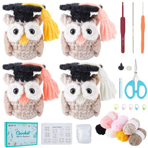 FREEBLOSS 4 Eulen Häkeltier Set - Häkel Starter Set Mit Video Tutorial - Häkelset Für Anfänger Und Erwachsene - Häkel Eulen Dekorationen