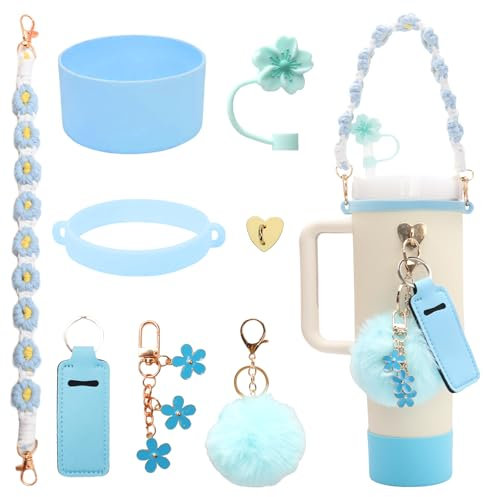 Stanley Cup Accessories Set, 8 PCS Stanley Accessories Includes Straw Cover, Bottom Protector, Water Bottle Handle Strap, Lipstick Pouch, Keychain Ornaments Beautify Your Stanley Cup (Blue)
