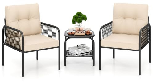 COSTWAY Rattan Gartenmöbel Set, 3tlg. Balkonmöbel mit 2 Stühle & Tisch & Kissen, Balkonset Terrassenmöbel für Garten, Balkon, Terrasse