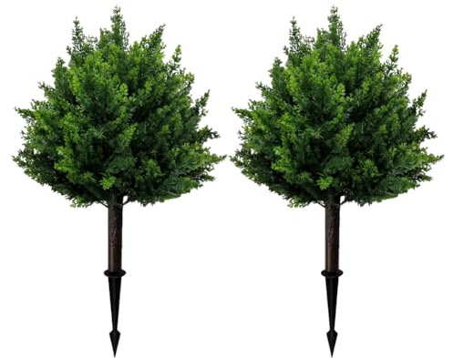 JOYWU Set of 2 Artificial Boxwood Topiary Ball Trees for Outdoor with Ground Spike 70cm, UV Resistant Faux Greenery Shrubs, Fake Plants for Garden Yard Porch Patio Home Decor (Cypress Trees)