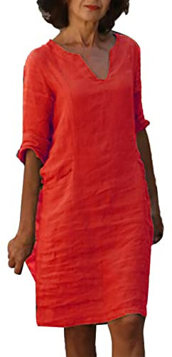 Robe Lin Femme 3/4 Manches Ete Col en V Couleur Unie Coton Et Lin LéGer Midi Robes Chic Et Elegant Coupe Droite LâChe DéContractéE Respirant De Vacances à La Plage Voyage Quotidien Dress