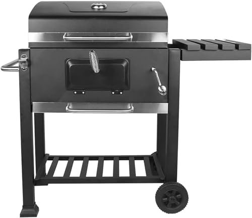 BBQ - Tragbarer quadratischer Grill, Holzkohlegrill mit Thermometer für Camping im Freien, Schwarz