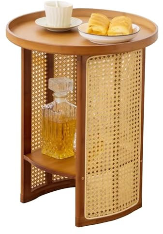 GODFSAHG Runder Rattan-Sofa-Beistelltisch mit offenem Aufbewahrungsdesign, Nachttisch-Aufbewahrungsregal und Ecktisch für Wohnzimmer, Schlafzimmer, Balkon, Dekor, kleiner Walnuss-Teetisch für kreative