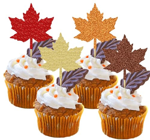 Gleemix 12 Stück Glitzer Ahornblatt Cupcake Toppers, Erntedankfest Tortendeko Ahornblätter, Herbst Kuchendeko für Thanksgiving Baby Dusche Kinder Geburtstag Party Kuchen Dekorationen, Herbst Deko