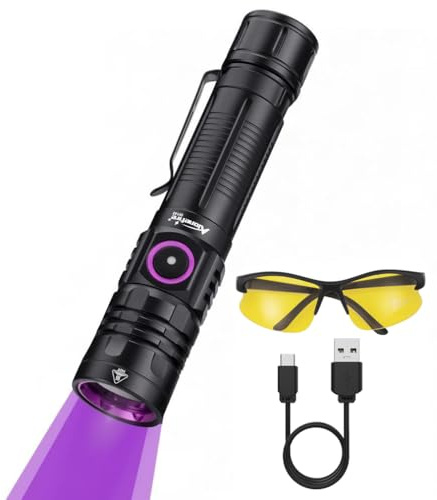 Alonefire SV143 Linterna UV 365nm 10W Profesional Recargable USB C Potente Luz Negra Detector de Orina para Resina, Pesca, Escorpión, Minerales, Pegamento, Ámbar con Gafas Protectoras UV, Batería