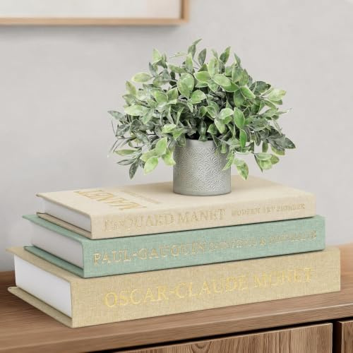 Weldomcor 3 Stück Deko Bücher für Heimdekor, Dekorative Buchaufbewahrungs Box mit Magnetverschluss, Stapelbare Leinen Nesting Buchbox Buchattrappe Box für Couchtisch Regale Büro (Gelb Beige Grün)