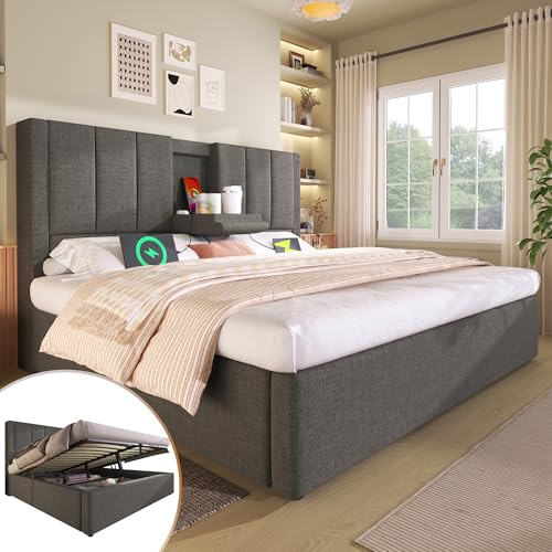 Dolamaní Lit double en lin - 140 x 190 cm - Avec porte-gobelet caché et USB dans la tête de lit - Espace de rangement hydraulique - Moderne - Avec sommier à lattes - Lit rembourré - Sans matelas