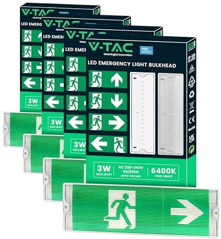 V-TAC Lampada LED Uscita di Emergenza 4 in 1 per Soffitto e Parete - Visibile da 30 Metri - Pulsante di Autotest - Luce LED Uscita di Emergenza e Via di Fuga - Exit - 4 Segnalazioni Incluse - 6000K