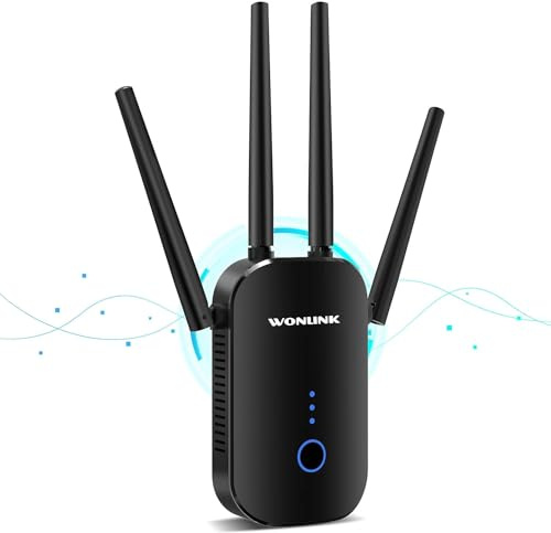 WONLINK Repetidor WiFi, 1200Mbps Amplificador Señal WiFi Doble Banda | 5G y 2.4GHz con Puerto Ethernet, 4 Antenas, MU-MIMO, Apoyo Repetidor/Router/Ap Modos para el Hogar y la Oficina, Enchufe-EU