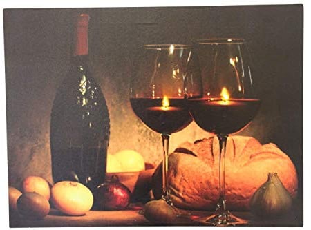 Garden Market Place Wine Bottle and Wine Glass Candles Christmas Canvas Picture Print With LED Lights
