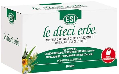 ESI - Le Dieci Erbe Tisana a Base di Malva, Tarassaco e Senna ed Erbe Selezionate, Senza Glutine, Senza Zuccheri Aggiunti e Vegan, Favorisce le Funzioni Intestinali e Digestive, 20 Filtri