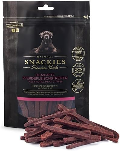 SNACKIES Herzhafte Pferdefleischstreifen 400g Premium Snacks für Hunde, ohne Zusatz von Getreide, Zucker, Farb-, Aroma- und Konservierungsstoffe, schonend luftgetrocknete Leckerli
