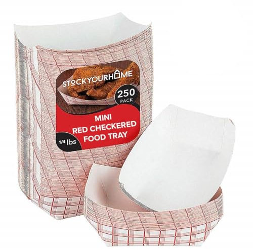 Mini Tiny Paper Food Boats (250 Pack) .25 Lb Disposable Red & White Checkered Paper Food Trays, Eco Friendly Paper Food Trays, Serving Boats for Concession Food & Condiments, Condiment Size 3 x 1