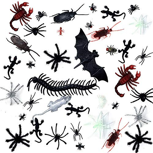 obqo Halloween Plastic Realistic Bugs, Scary Joke Trick Decorations Fake Snake Mouse Cockroaches Spiders Centipedes Scorpions Gecko Bats for Halloween Party favors April Fools Day Decorations