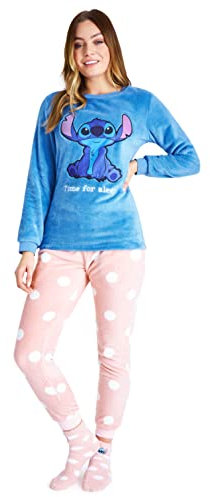 Disney Pigiama Donna Invernale in Pile con Calze Stitch Topolino Minnie Baby Yoda (Blu Rosa Stitch, M)