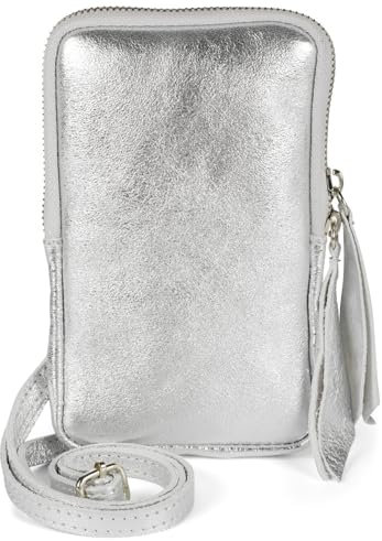 styleBREAKER Damen Leder Handy Umhängetasche aus weichem Veloursleder, Reißverschluss, Echtleder Mini Bag 02012373, Farbe:Silber
