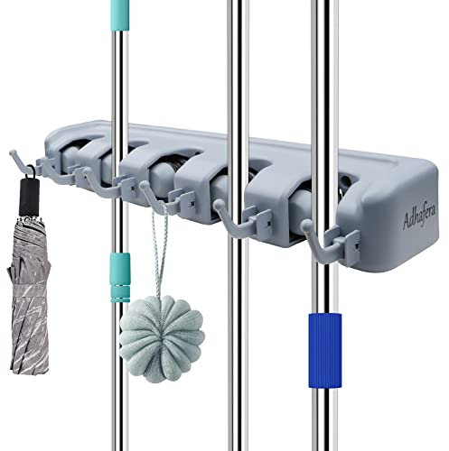 Adhafera Wall Mounted Broom and Mop Holder, 5 Position and 6 Hook Organizer for Garage, Garden, Kitchen Tools Storage