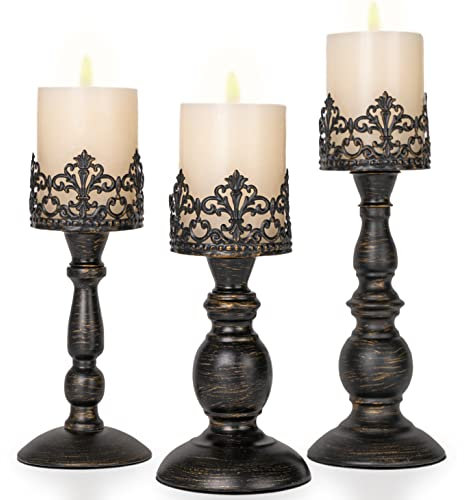 Distressed Black Kerzenhalter für Stumpenkerzen 3er Set, Vintage Krone Kerzenständer für Tisch Mittelstück Dekor, Hoher Antik Metall Kerzenhalter Set für Kamin Dekoration