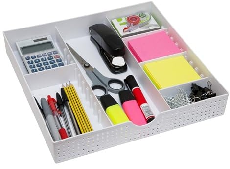 Amtido Drawer Organiser Tray for Office Stationary Supplies & Accessories - Desk Tidy Storage Box – 3 Compartments with 4 Adjustable Dividers – White