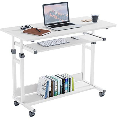 Dripex Table Appoint Roulette 80x45cm, Table Bureau d'Ordinateur Mobile Reglable Hauteur de 69 à 90cm avec roulettes, 2 Etagères de Rangement, Ideal pour Bureau Lit Canapé-Blanc