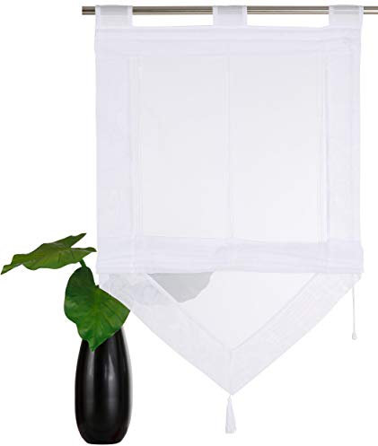 Devola Voile transparent Scheibengardinen mit zweifarbigen Design mit Quaste Fenster Gardinen Panneaux mit Tunnelzug Gardine HxB 140x80cm Weiß 1er Pack