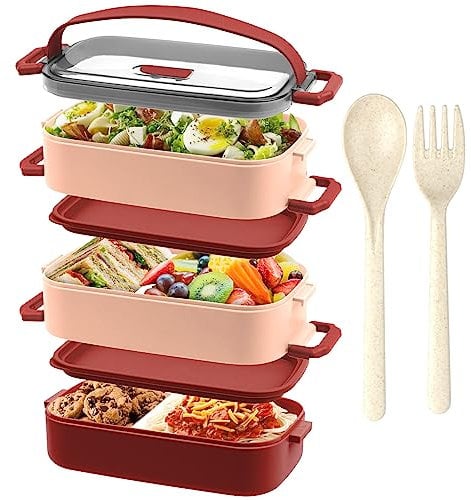 OITUGG Fiambrera 3 Capas - Bento Box 2200ml - Lunch Box con 3 piezas Compartimentos Ajustable - Lonchera con Cubiertos - Fiambrera Hermetica, Sin BPA, Apto para microondas, A prueba de fugas, Rojo