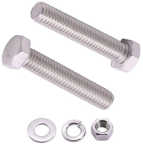 (4 Sets) 1/2-13 x 3 Hex Bolt with Hex Nut, Flat Washers (SAE) and Lock Washers Hardware Assortement, Full Thread, Coarse Thread, 304 Stainless Steel 18-8