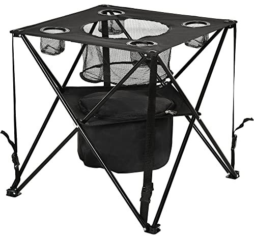 Outsunny 55 x 55cm Folding Camping Table, Portable Picnic Table with Built-in Cooler, Cup Holders, Large Snack Holder and Carry Bag for Outdoor Travel Hiking Fishing Beach Dining or Cooking