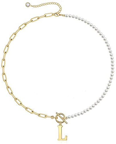 TINGN Gold Kette mit Buchstaben Perlenkette Damen, Büroklammer Kette Gliederkette Halskette Choker Kette Intialen Halskette Buchstaben L Kette mit Buchstaben Kette Halskette Damen Schmuck Geschenke