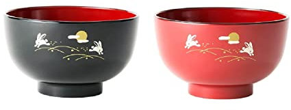 Yamako Tazón para Sopa de Arroz y Miso Cocina Japonesa, Duradero Laca Imitación Plástico, Diseño Conejo, Juego de 2 Tazones Negro y Rojo 400ml, Hecho en Japón