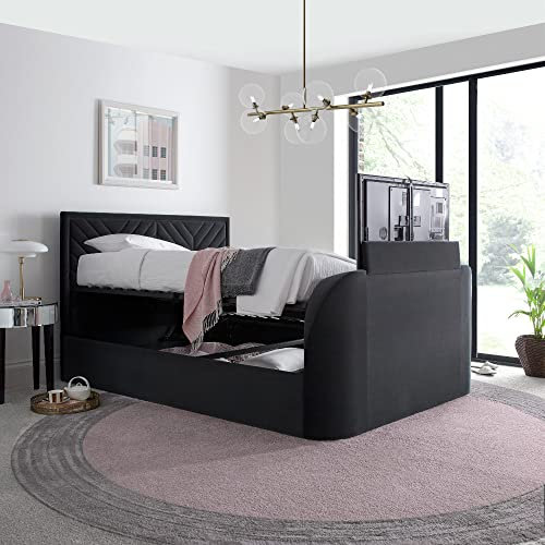 happybeds Ottoman TV Bed, Sherlock Grey Velvet Fabric Ottoman Storage TV Bed, Double, King or Super King Size (Double)