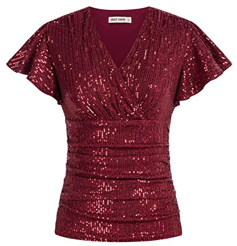 Damen Pailletten Loose Fit Shirt V-Ausschnitt Bluse mit Flatterärmel Casual Birthday Tunika Glitzer Rot L