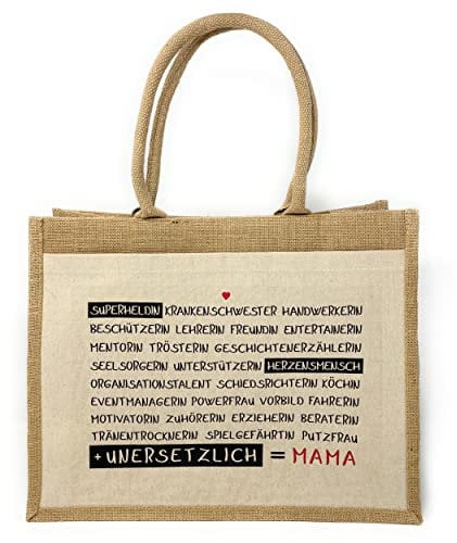TOBJA Jutetasche für Mama | 33x19x42 cm | Baumwollfront mit Extra-Fach | Bedruckt mit herzlichem Spruch als Dankeschön. Tote Bag für Mutter.