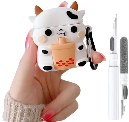Schutzhülle für Airpod 2. und 1. Generation, niedliches Kuh-Design, lustige 3D-Cartoon-Hülle, mit Reinigungsset und Schlüsselanhänger, für Apple Air Pod Gen 2 und 1, für Jungen, Mädchen, Kinder,