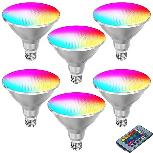 TPMAFF 6er-Pack PAR38-Flutlicht-Glühbirne, 30 Watt, LED/COB, dimmbare RGB-Farbwechsel-Strahler-Glühbirne, mit Fernbedienung, 85–265 V Wechselstrom, Universalspannung, IP65, E26/E27-Sockel