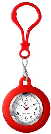 JewelryWe Karabineruhr Silikon Taschenuhr mit Karabiner: Damen Analog Quarz Karabiner Uhr mit Rot abnehmbarem Silikon Hülle Frauen FOB Clip auf Uhr für Ärzte Krankenschwestern