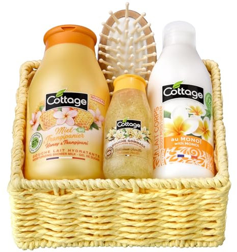 Cottage Coffret Cadeau Miel et Fleur de Frangipanier - 1 Gel douche + 1 Douche Gommage + 1 Lait Corps Hydratant + 1 éponge exfoliante - Fabriqué en France