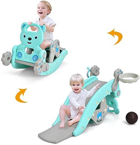 COSTWAY 4 en 1 Set Tobogán y Caballo Balancín, Tobogán Infantil Plegable con Aro de Baloncesto y Juego Lanzamiento de Anillos, Tobogán para Niños para Mecerse Escalar Deslizar (Azul, Oso)