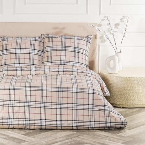 VelvetHome Deluxe Bettwäsche 135x200 Baumwolle Bettbezug 135x200 cm mit Kissenbezug 80x80 cm Hohe Qualität Bettwäsche-Set mit Reißverschluss 100% Baumwolle Made in EU Beige Kariertes 135 x 200