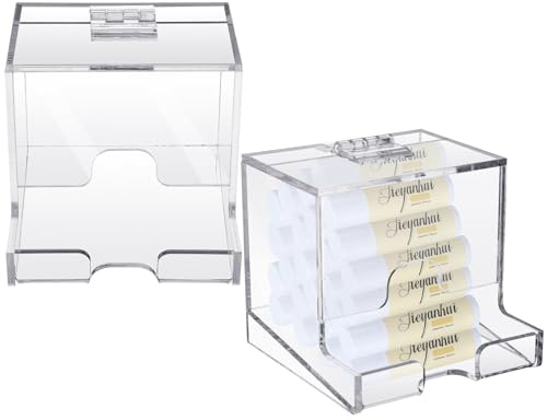 Wenqik 2 Pack Clear Acrylic Lip Balm Dispenser with Hinged Lid Home Freestanding Countertop Display for Lipsticks Glosses or Lip Balm Essential Oils (3.4 x 3.4 x 3.07 inch)