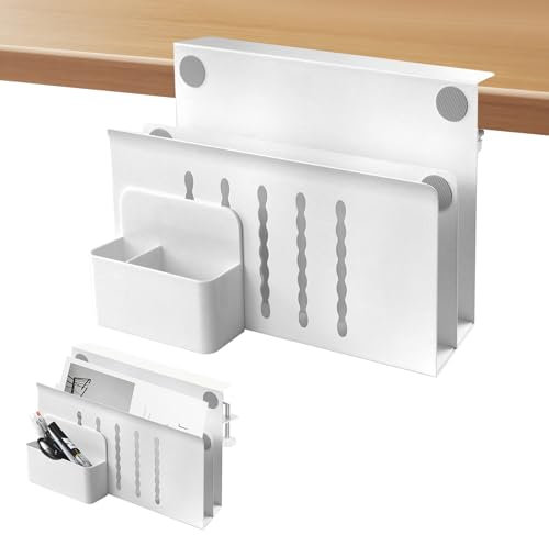 Domigard Desk Side Storage Organizer, Clamp-on Shelf With Magnetic Pen Holder, No Drill Under Desk Laptop Holder (White)