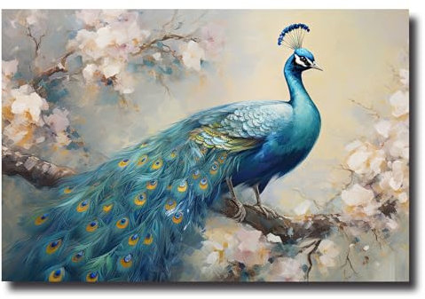 LZIMU Pfauen Leinwand Bilder blaue Pfauenfeder Malerei Drucke elegante Blumen Vogelbild Vintage Kunstwerk für Schlafzimmer Wohnzimmer (Bild-1, (60.00 x 90.00 cms))