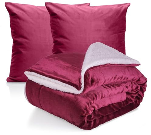 Cozyor Set: 1x Kuscheldecke XL + 2X Kissenbezug Samt+ 2X Kissen 45x45cm weiche Sherpadecke flauschig 150x200cm, Tagesdecke, weinrot Berry, Dekokissen für Sofa, Schlafzimmer, Wohnzimmer