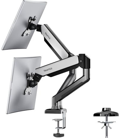 NearHub Dual Monitor Desk Mount for 13-32 Inch Computer Screen,Adjustable Gas Spring Monitor Arm,Each Arm Holds 4.4 to 22 lbs,VESA Bracket 75X75mm 100X100mm with C Clamp & Grommet Mounting Base