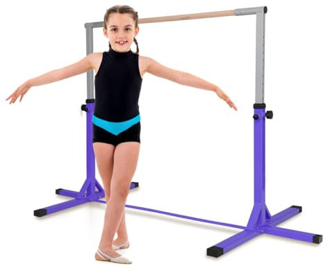 KOMFOTTEU Kinder Turnreck, Gymnastik Bar Gymnastikstange 12 stufig Höhenverstellbar, Reckstange Turnstange aus Stahl & Holz, Reck Stange zum Turnen für Mädchen Jugendliche, max 100kg belastbar (Lila)