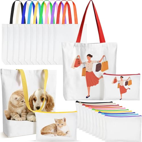 TESIN 20 Pack Sublimation Canvas Tote bags Cosmetic Bags Bulk Reusable Blank Grocery Bags Printing Heat Transfer Makeup Bag Shopping Bag for DIY Craft Christmas Wedding Gift