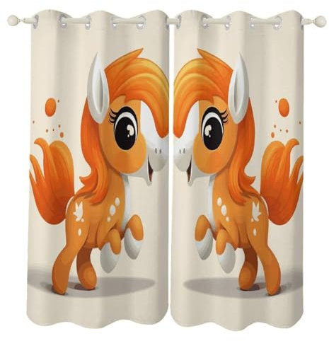 BTCOWZRV Niedliche orangefarbene Pony-Fenstervorhänge für Schlafzimmer und Wohnzimmer, schattierende Vorhänge für Büro, mit hohlen Ösen, verdunkelnde Vorhänge, Wärmeisolierung