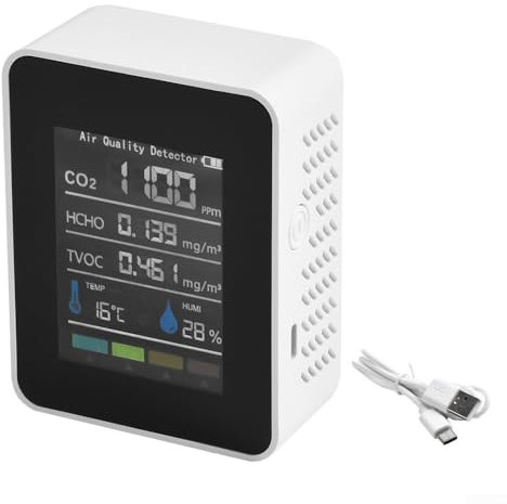 Misuratore della qualità dell'aria con monitor ricaricabile 5 in 1 per HCHO, TVOC, temperatura, umidità (bianco)